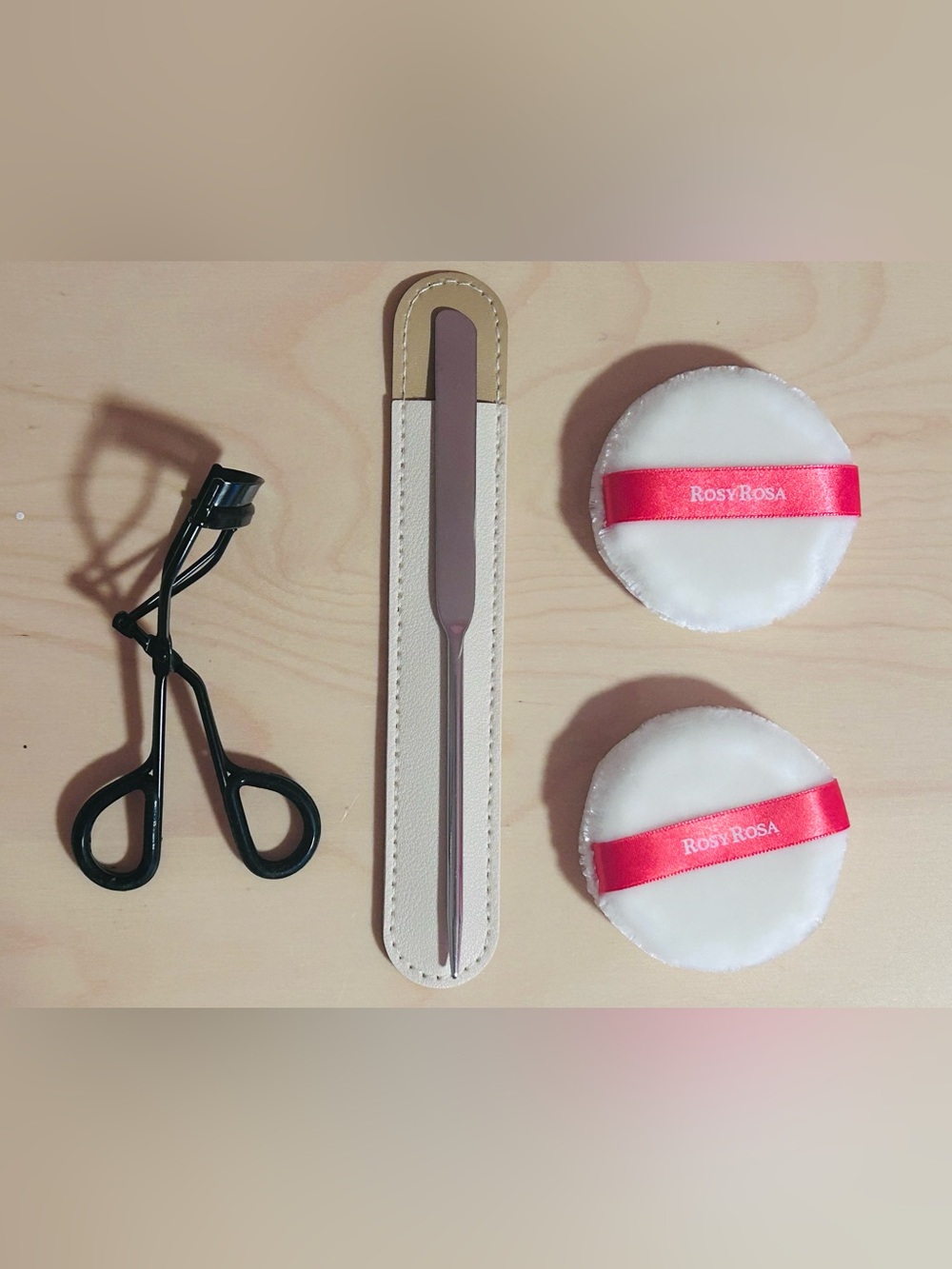 Makeup Tools Lot of 4 - Lash Curler, Foundation Spatula, Rosy Rosa Powder Puffs
